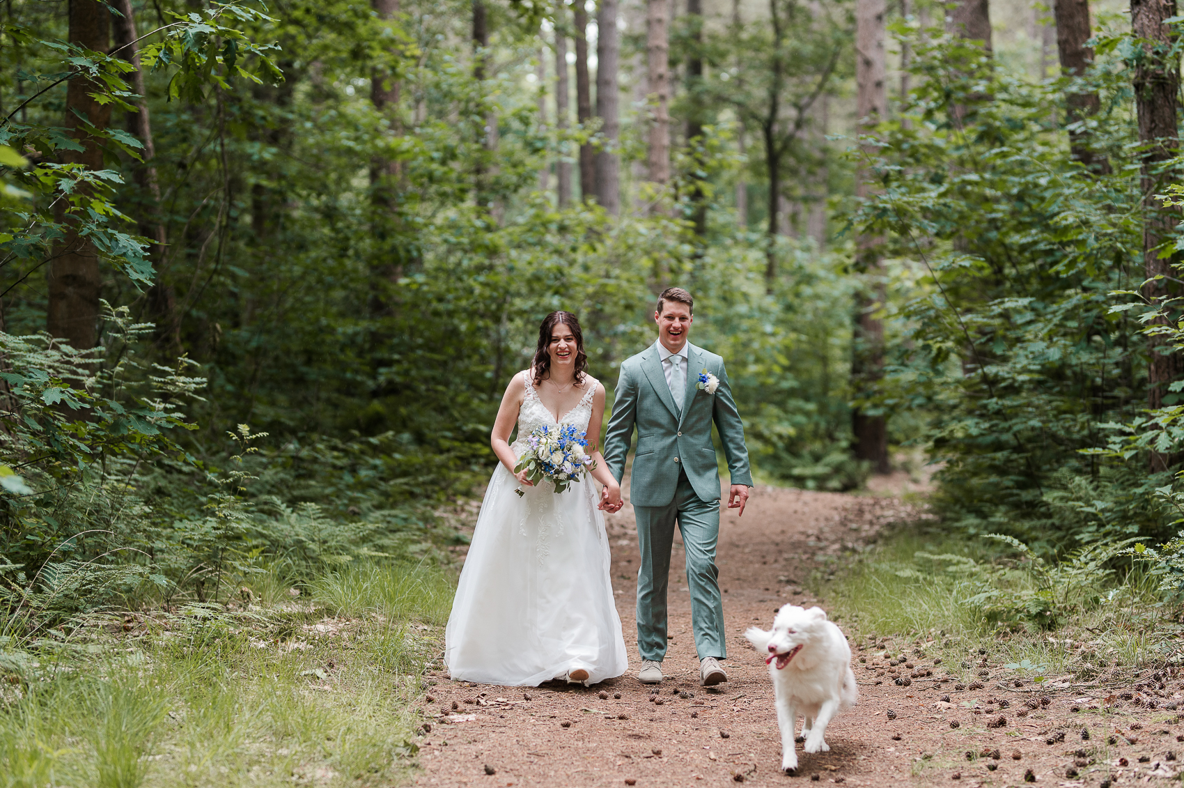 wandelend door de bossen met een bruidspaar en hun hond, tijdens de reportage van hun trouwdag.